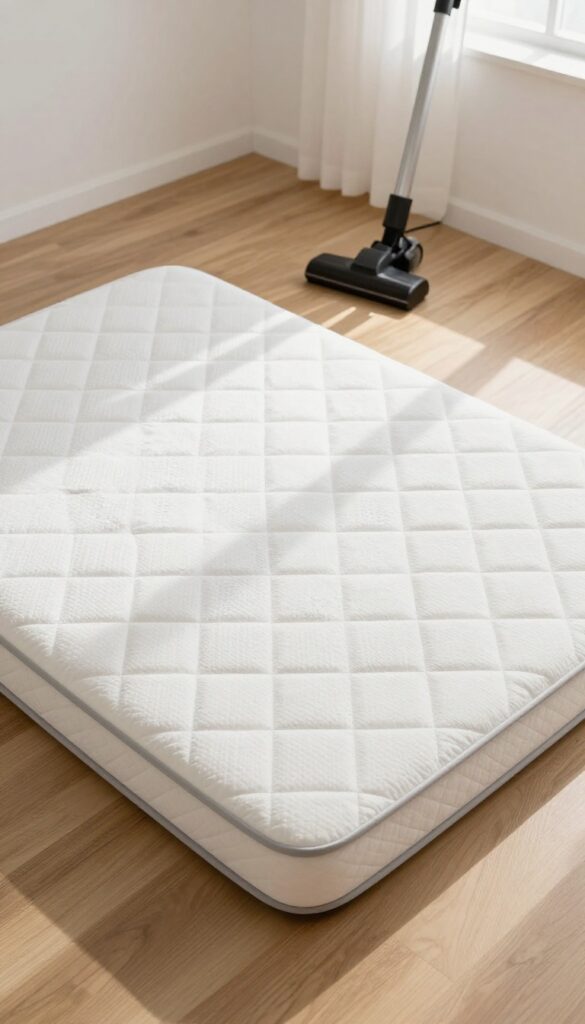 A mattress covered in baking soda with a vacuum cleaner nearby, representing deep cleaning for better sleep.