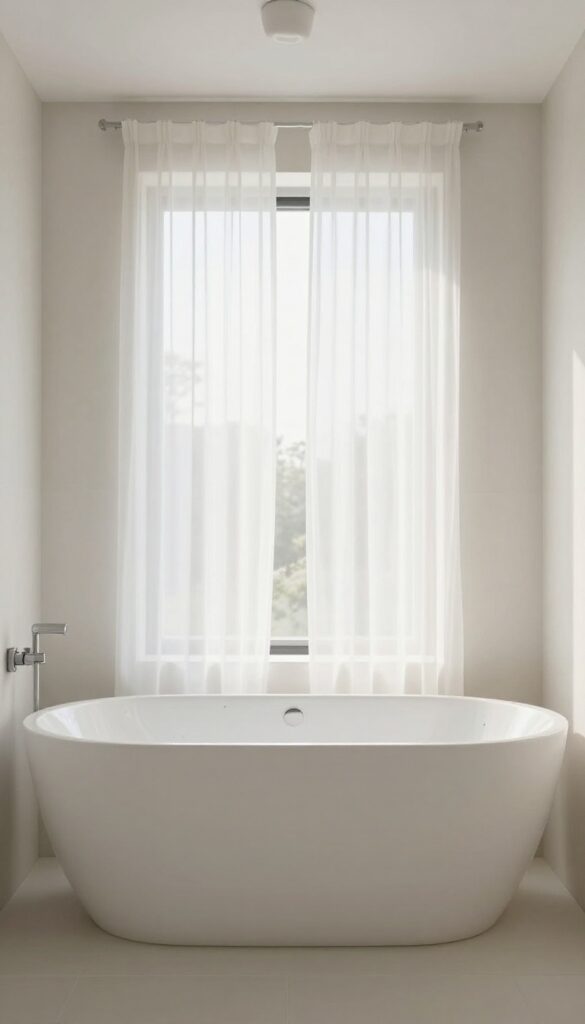 Bright bathroom with open window and ceiling fan, dry clean bathtub, no mildew, fresh air ventilation