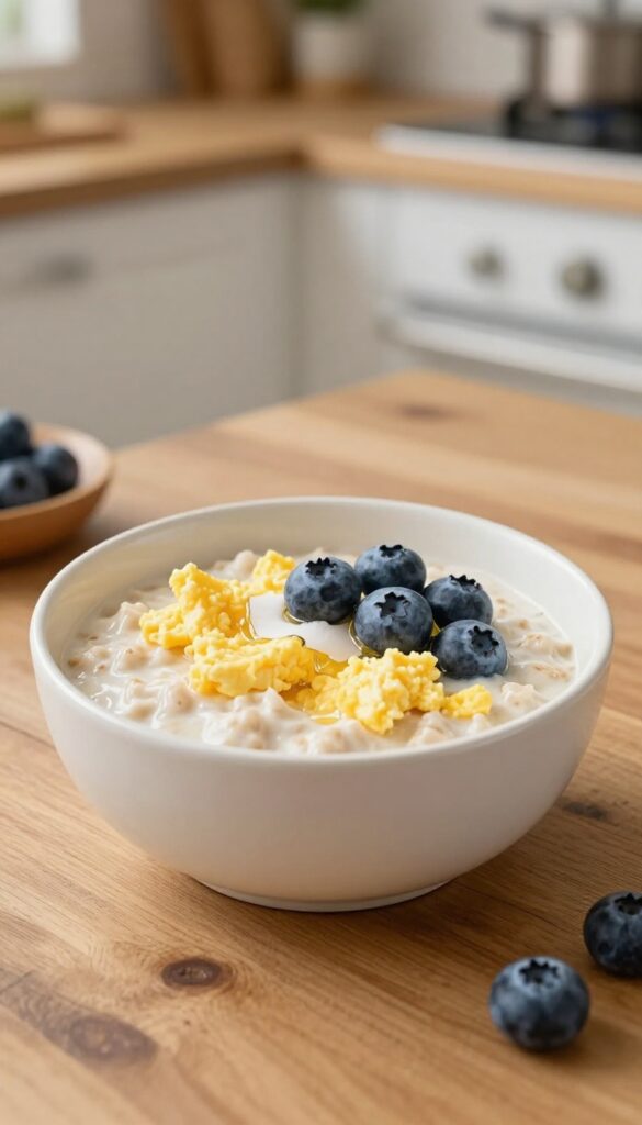 Homemade soft scrambled eggs with oatmeal and blueberries in a dog bowl, a warm and comforting dog meal idea.
