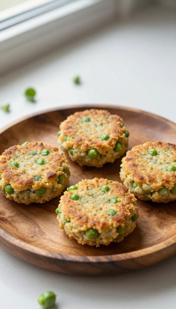 Homemade duck and sweet pea dog patties arranged on a wooden plate for a dog party treat.