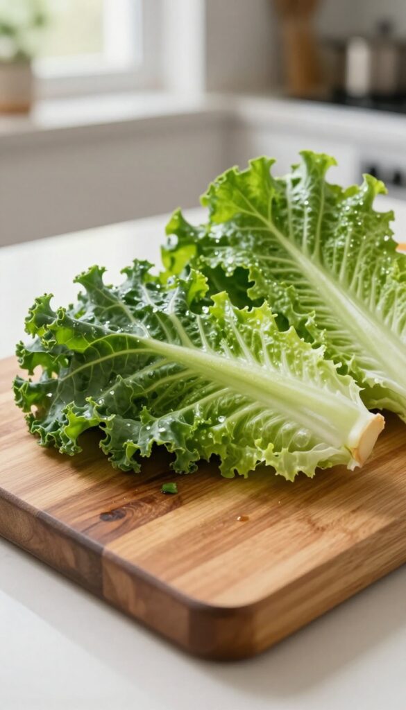 Fresh kale and romaine lettuce blend on a cutting board for guinea pig meal prep