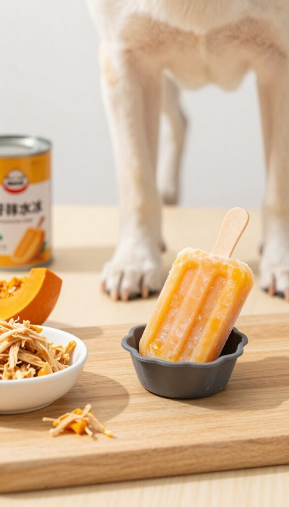 Frozen dog treats in silicone paw and bone molds, made from chicken and pumpkin, on a wooden surface with ingredients nearby.
