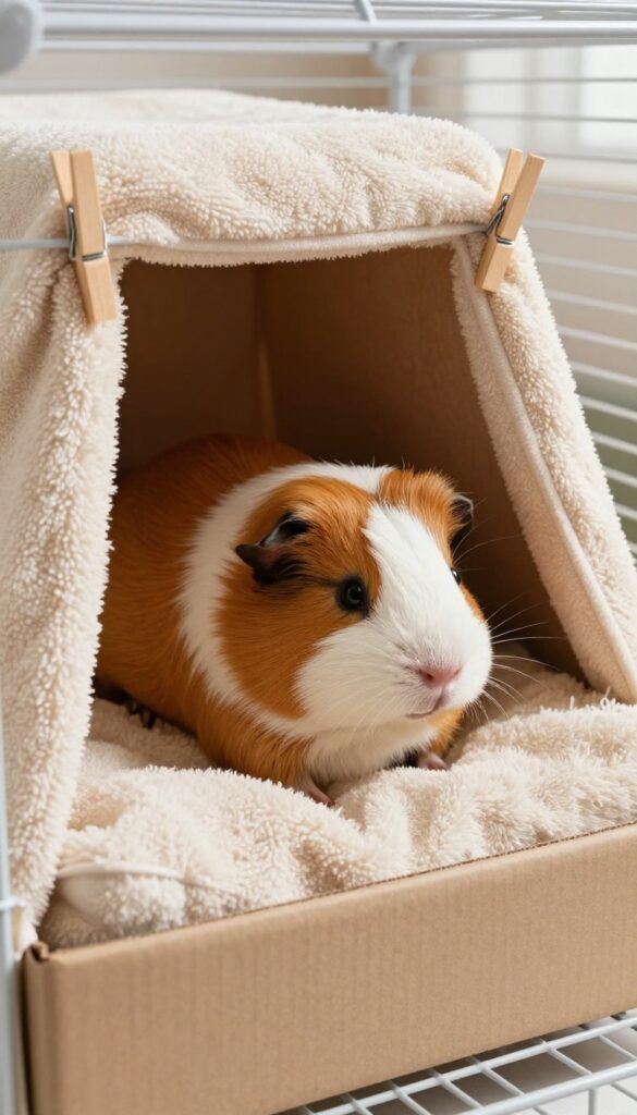 Guinea pig resting inside a towel tent hideaway made from a cotton towel draped over a low cardboard frame, secured with clothespins, in a clean cage with natural light.