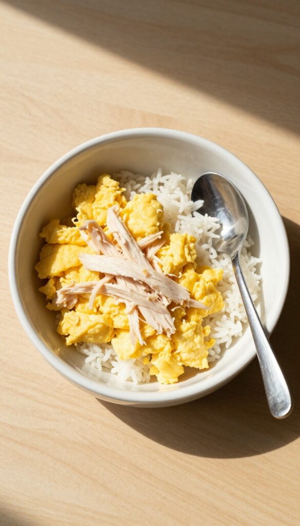 Scrambled eggs with shredded chicken and rice in a dog bowl, soft meal for dogs.
