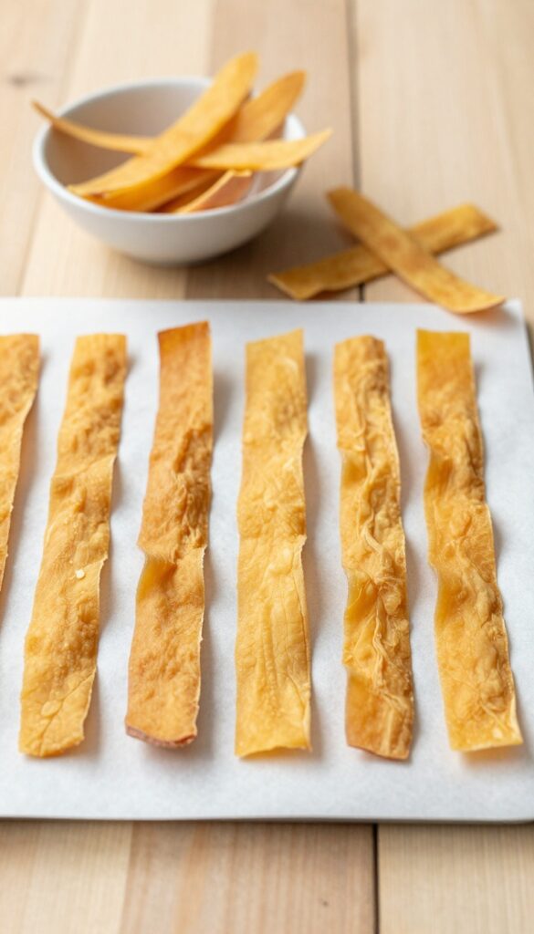 Homemade sweet potato chews for dogs, baked until chewy and golden, arranged on a baking sheet in natural light.