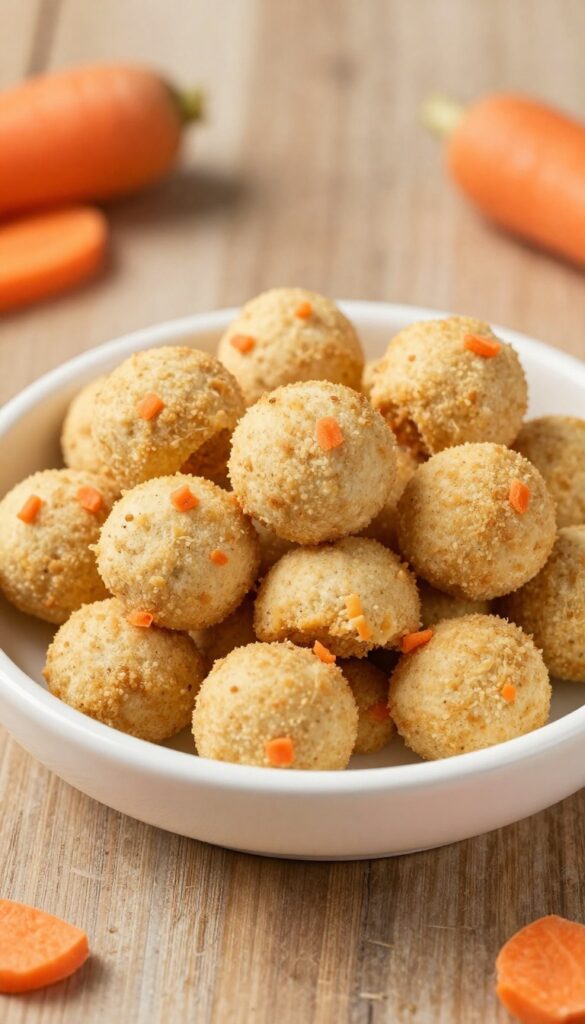 Homemade egg and carrot dog treat bites in a white bowl on a wooden table, with natural light and scattered carrot shreds.