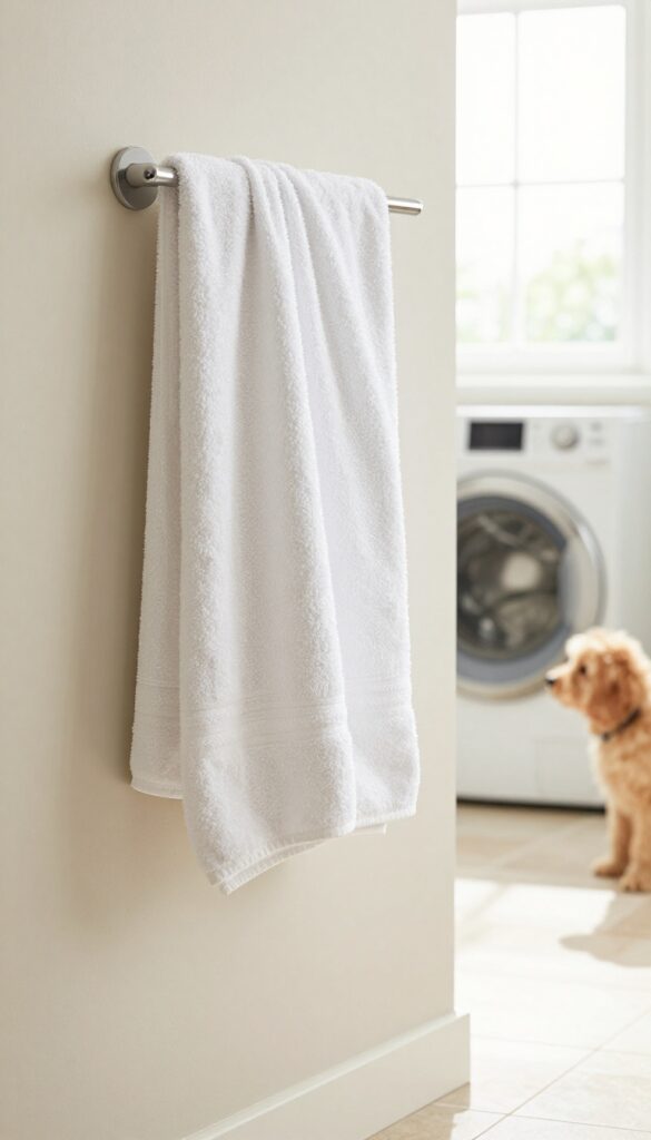 A laundry room with a wall-mounted towel warmer holding a fluffy white towel, natural lighting, and a clean, cozy setup.