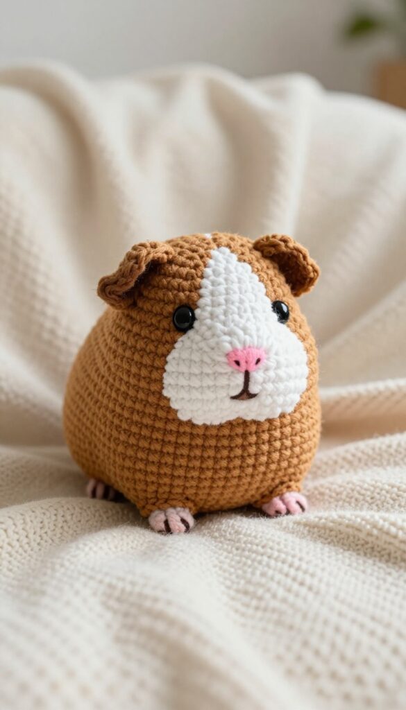 Close-up of a crochet guinea pig amigurumi on a cream blanket in natural light