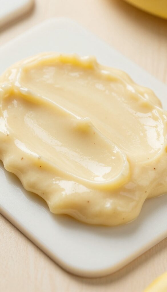 Homemade banana and coconut cream dog treat paste spread on a silicone lick mat, creamy texture, natural light, dog snack preparation.
