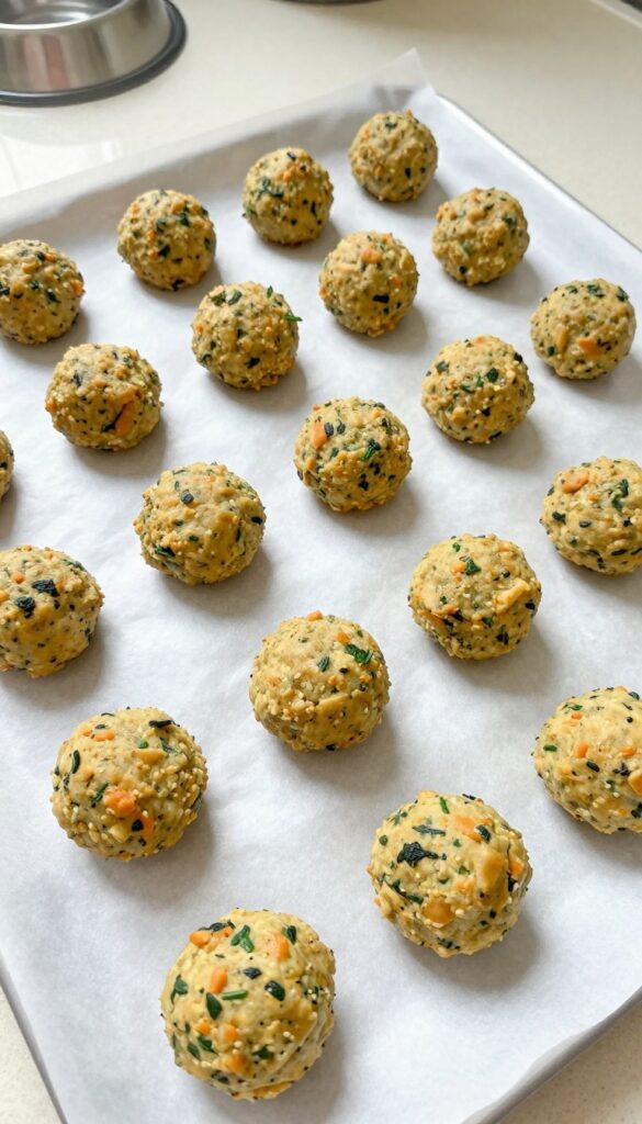 Homemade chicken and spinach mini meatballs for dogs, baked on a parchment-lined sheet, bite-sized and golden brown with visible spinach bits.