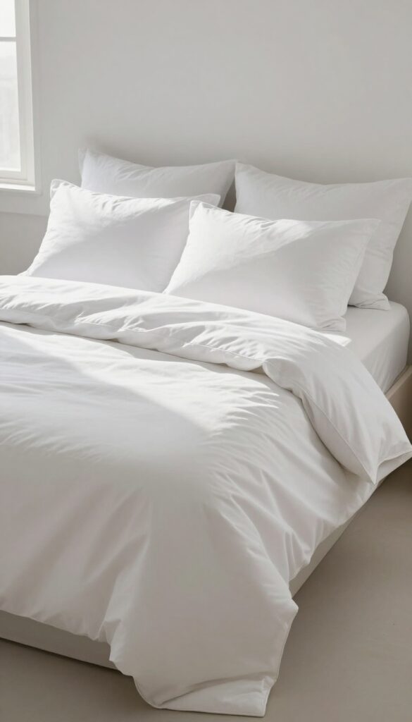 A neatly made bed with plumped pillows and cushions arranged by size in a bright, cozy bedroom.