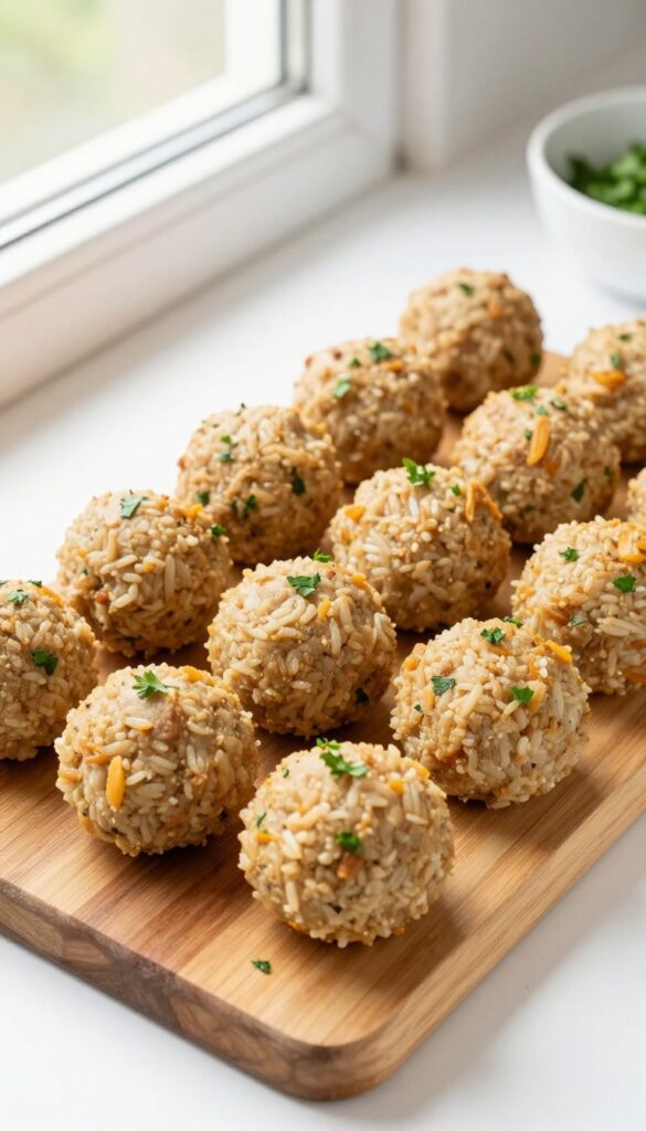 Homemade chicken and rice dog meatballs on a wooden board, golden brown with parsley flecks, perfect for party meal prep.