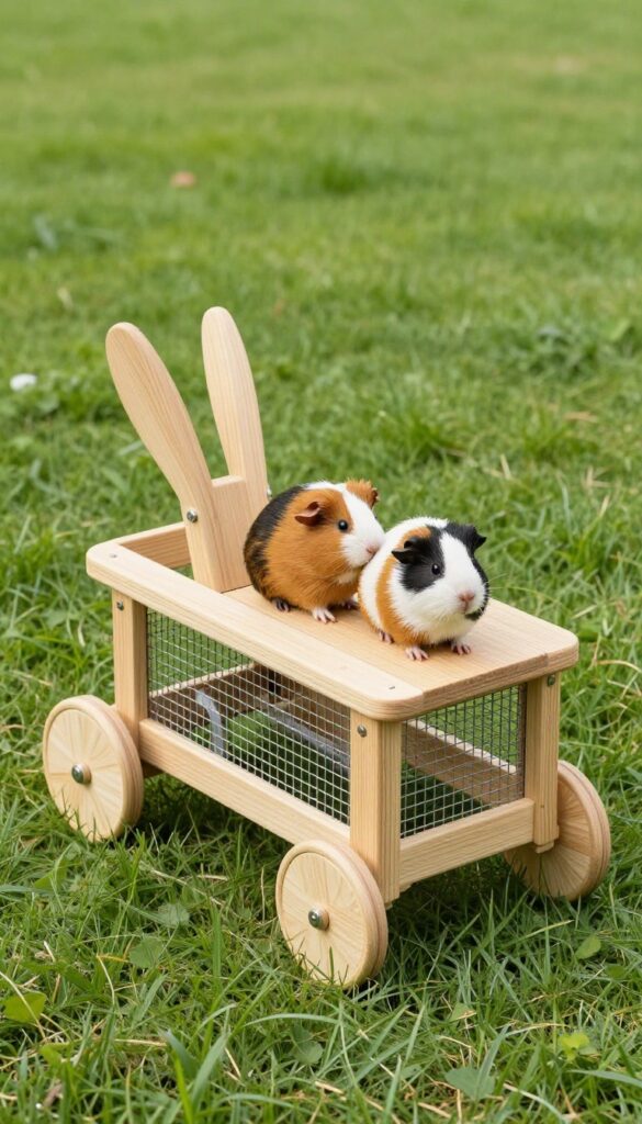 Modified rabbit tractor on grass with guinea pigs grazing inside, safe outdoor housing for rotational grazing.