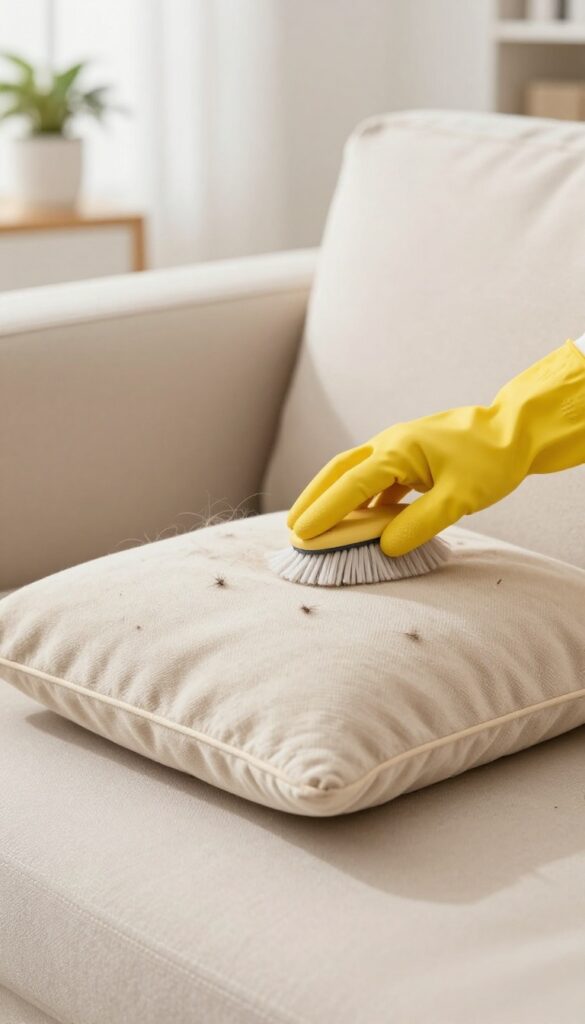Hand in damp rubber glove brushing pet hair off a beige microfiber couch cushion
