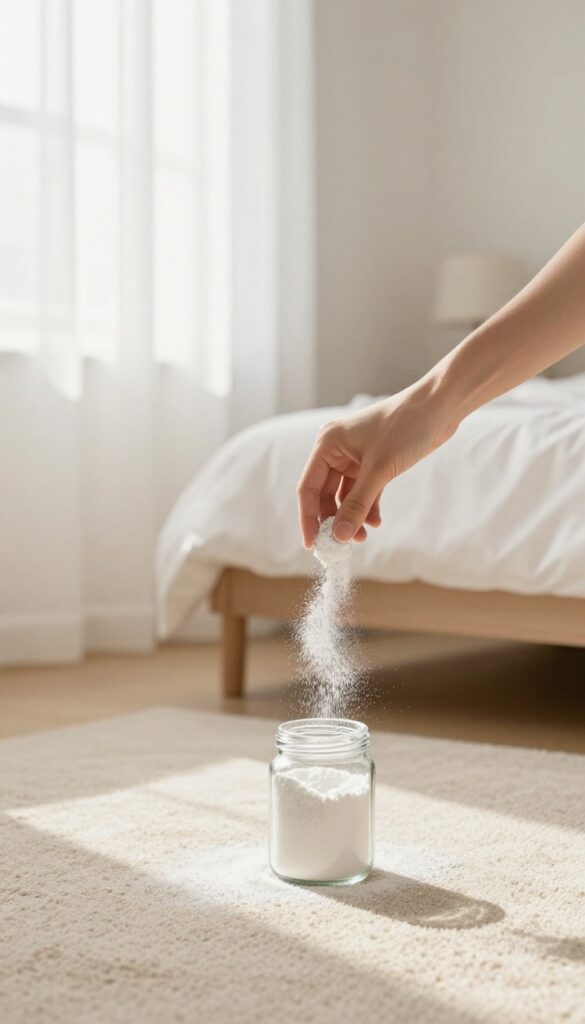Hand sprinkling DIY deodorizing powder onto a bedroom carpet in natural light