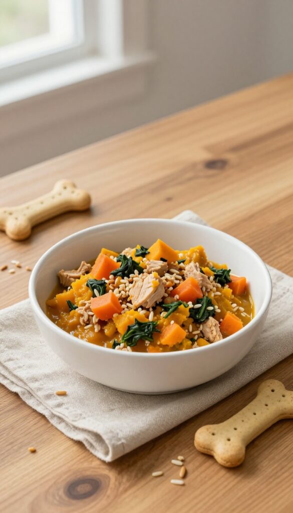 Homemade turkey and pumpkin slow cooker dog food in a white ceramic bowl on a wooden table, with bone-shaped dog biscuits beside it.
