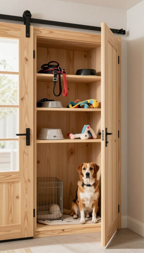 IVAR cabinet dog crate hack with sliding barn door in a narrow hallway, showing open shelving for storage and a cozy crate space inside.