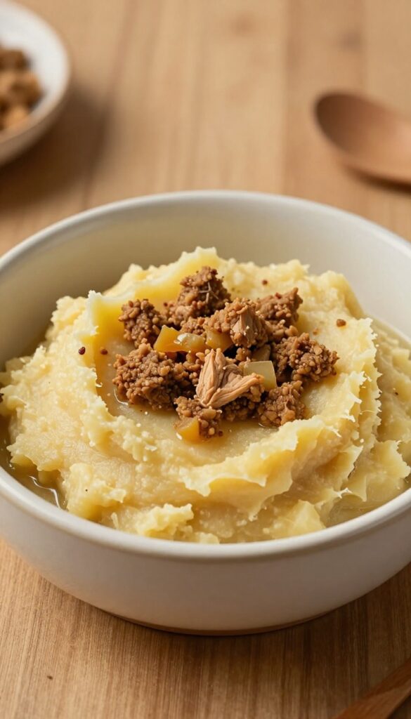 Homemade turnip and turkey mash for dogs in a bowl, soft lighting, rustic table setting.