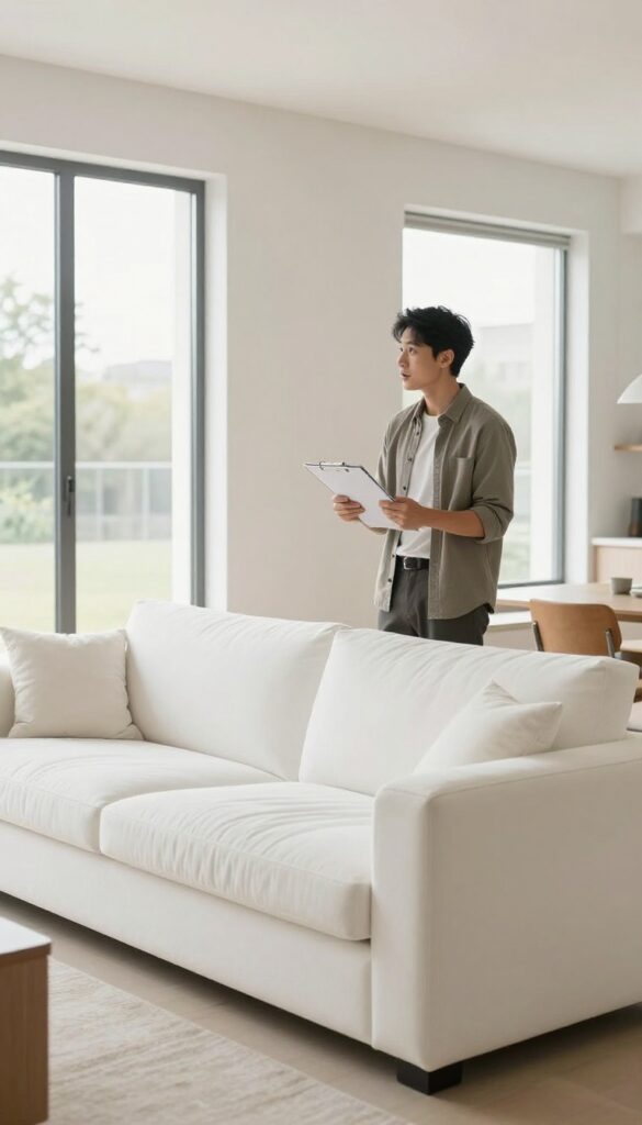 Homeowner consulting with a sofa cleaning service estimator in a bright living room