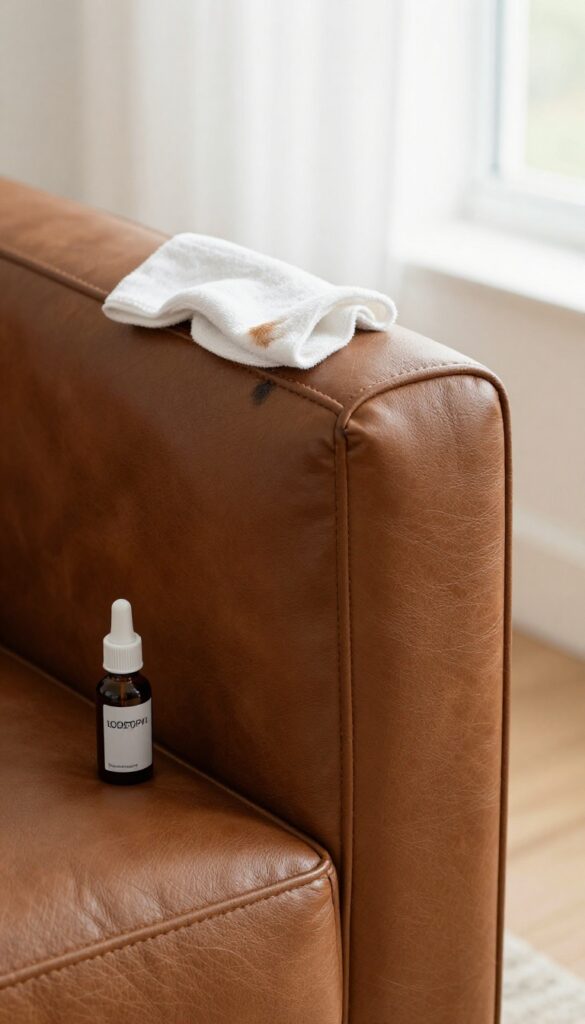 Cleaning an ink stain on a leather couch with rubbing alcohol and a cotton swab