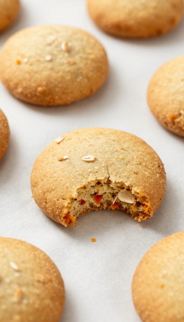 Homemade baked bell pepper and oat dog biscuits cooling on a baking sheet, showing golden-brown exterior and orange-speckled interior.