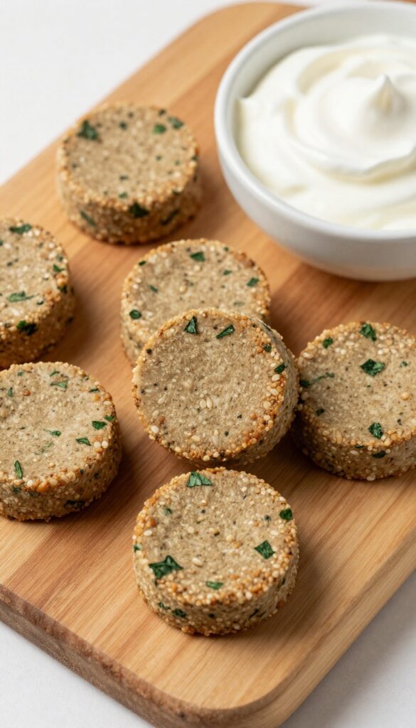 Homemade beef heart and quinoa power bites for dogs, arranged on a wooden board with a side of Greek yogurt.