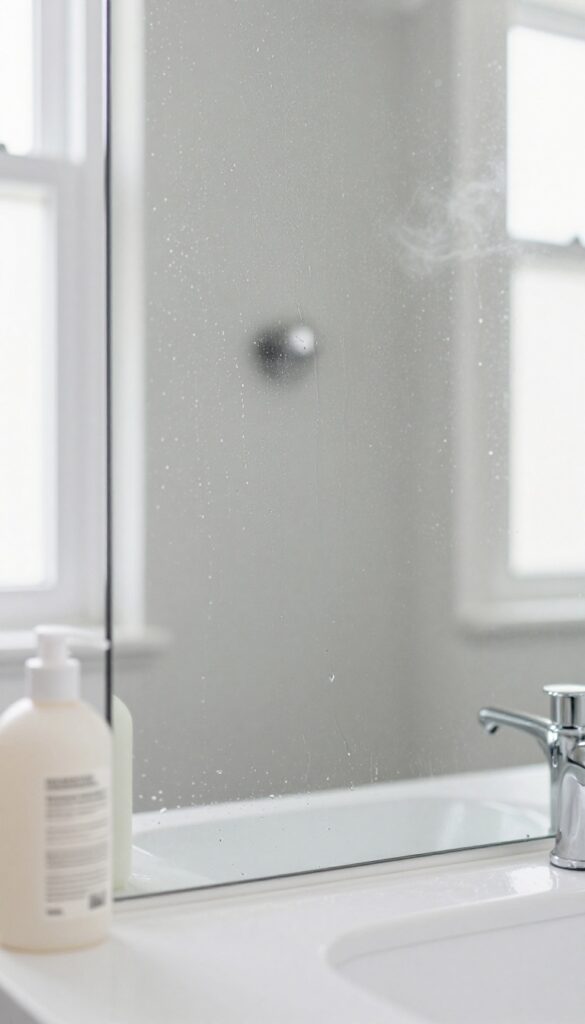 Clear bathroom mirror with water beading off after applying hair conditioner as an anti-fog solution.