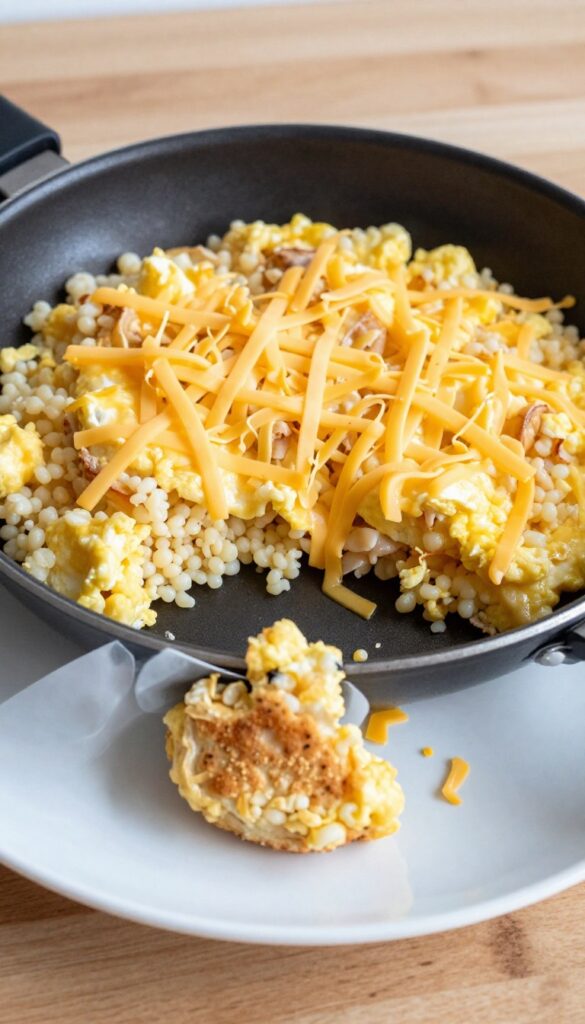 Homemade dog breakfast scramble with egg, couscous, and cheddar cheese in a skillet, served as a dog-safe meal topper or standalone treat.