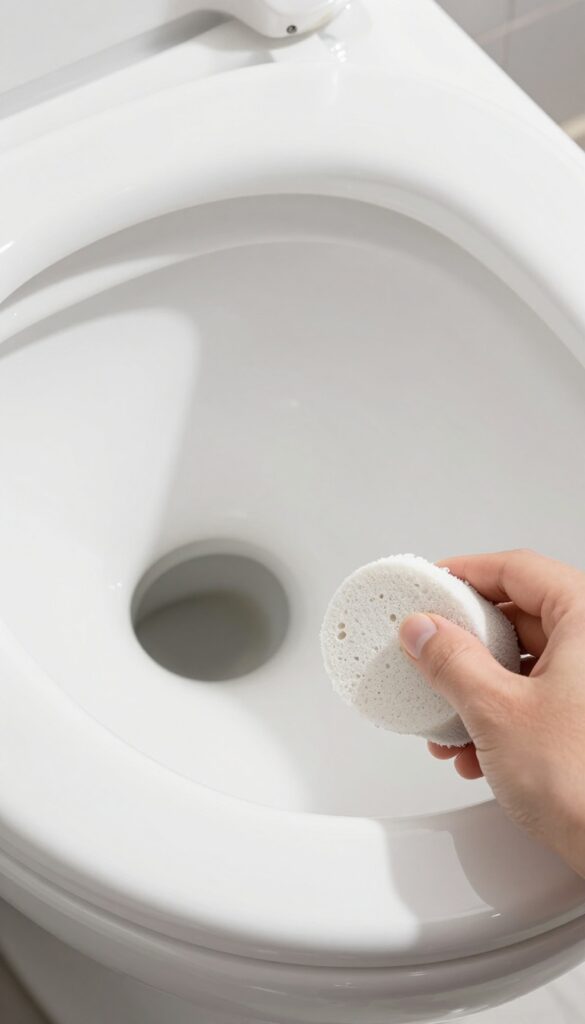 Hand using a wet pumice stone to remove mineral rings inside a toilet bowl