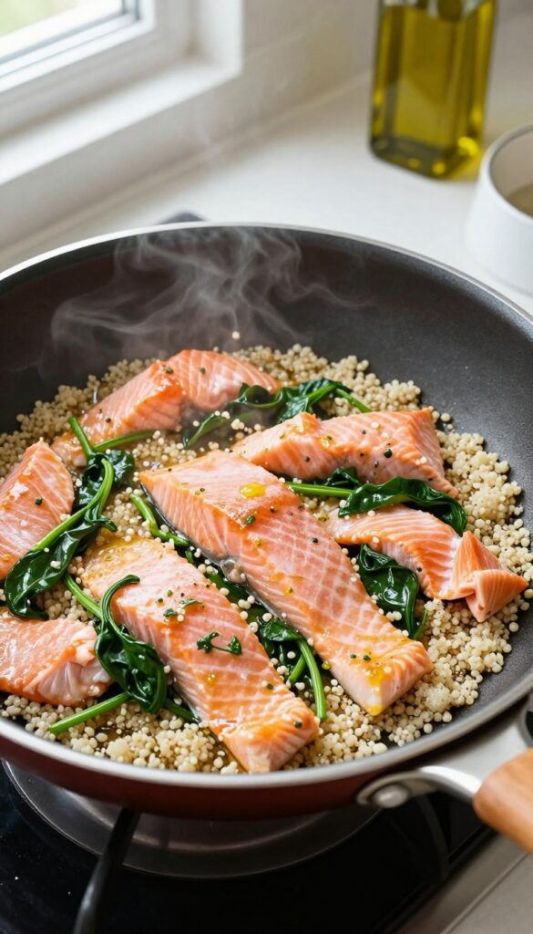 One-pan dog meal with salmon, spinach, and quinoa cooking in a skillet, natural light, pet food blog photography.