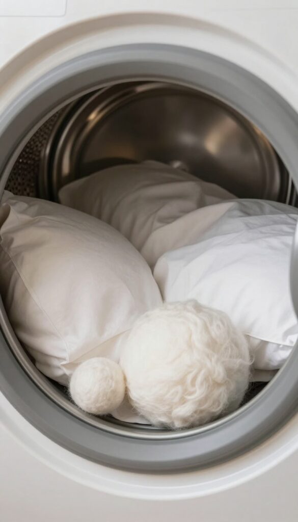 White pillows and wool dryer balls in a dryer on low heat setting