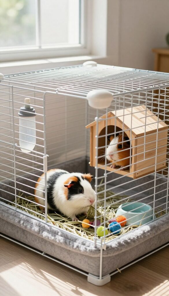 A C&C cage with fleece liner in a bright room, with guinea pigs playing inside.