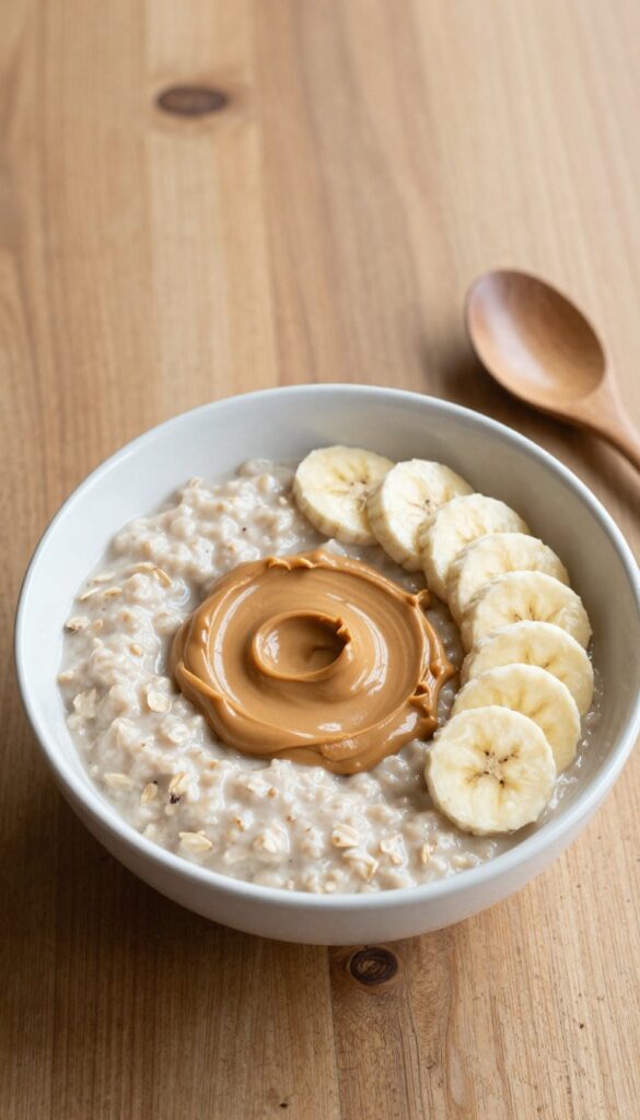 A bowl of oatmeal with peanut butter and banana, dog-friendly breakfast topper