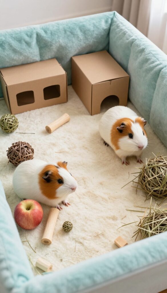 Guinea pig play area with tunnels, cardboard hideout, chew toys, and hay in a clean cage setup.