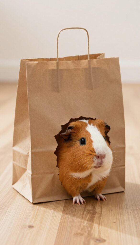Guinea pig peeking out of a brown paper bag toy