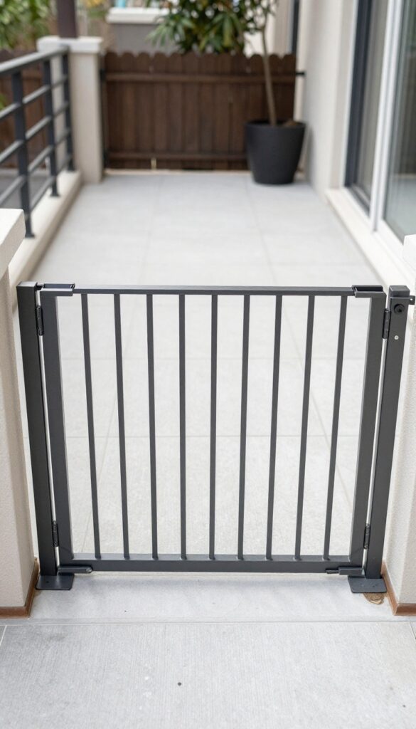 Portable dog gate on apartment patio blocking a gap near the railing