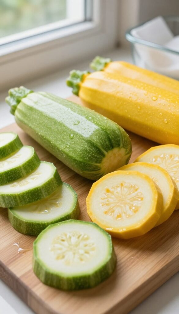 Fresh zucchini and yellow summer squash slices on a wooden cutting board, with a glass container in the background.
