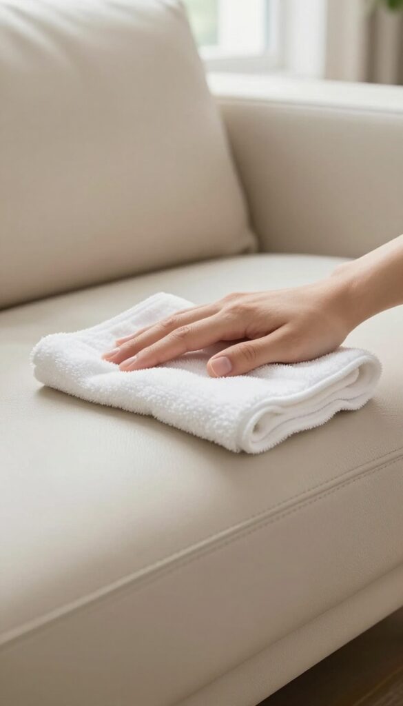 Hand wiping a leather couch with a damp cloth in bright natural light