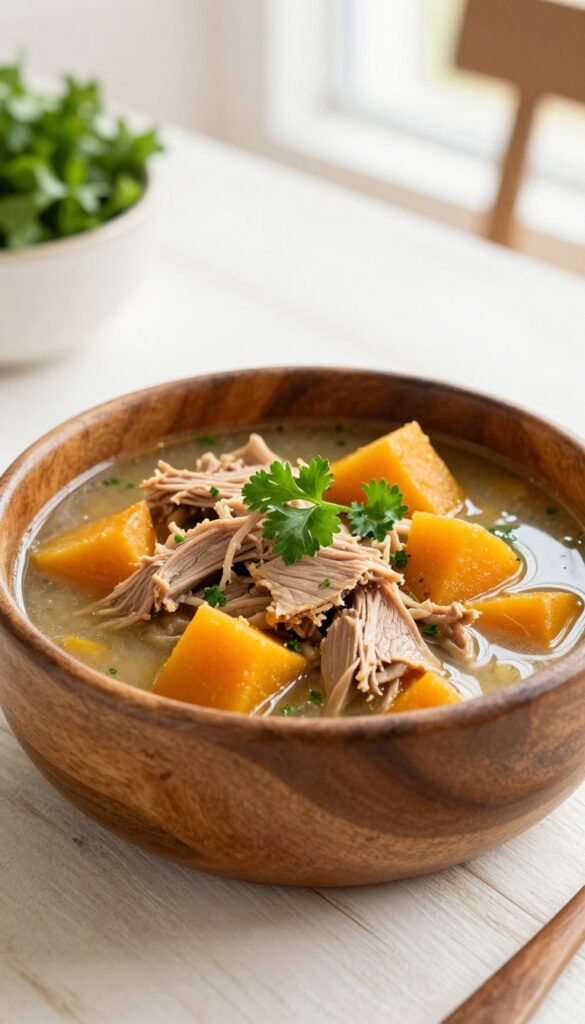 Homemade duck and butternut squash dog stew in a bowl, with shredded duck and squash cubes in broth.