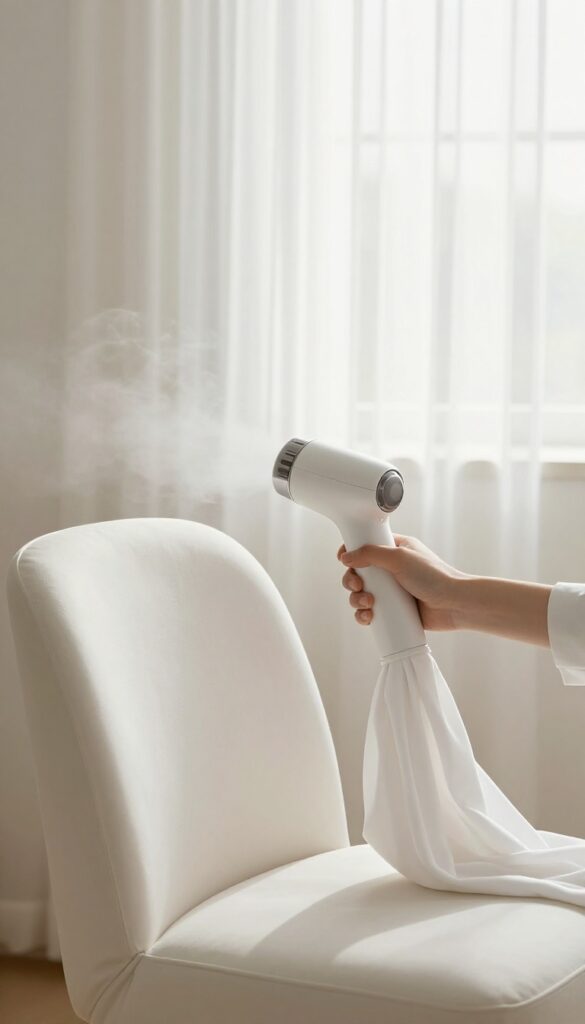Person using a handheld fabric steamer on white curtains in a bright bedroom, with an upholstered chair nearby.
