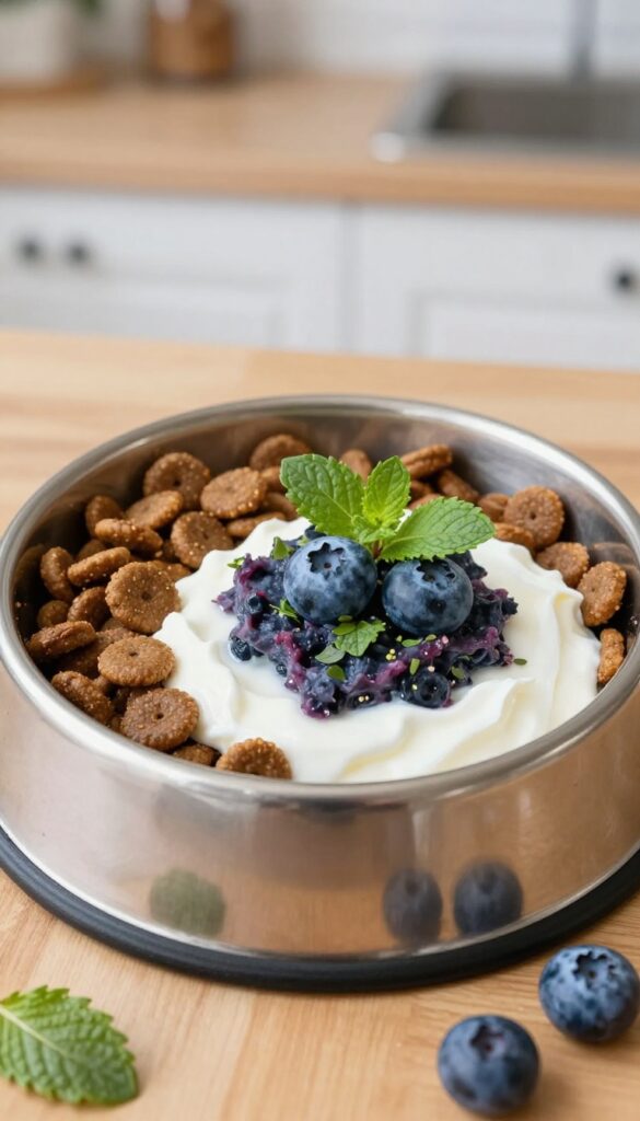 Close-up of dry kibble topped with blueberry, mint, and yogurt mix-in in a dog bowl on a wooden table