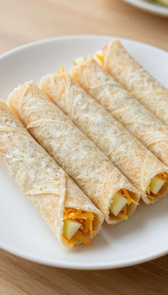 Bite-sized dog treat roll-ups made with tortilla, cheese, and apple arranged on a white plate.