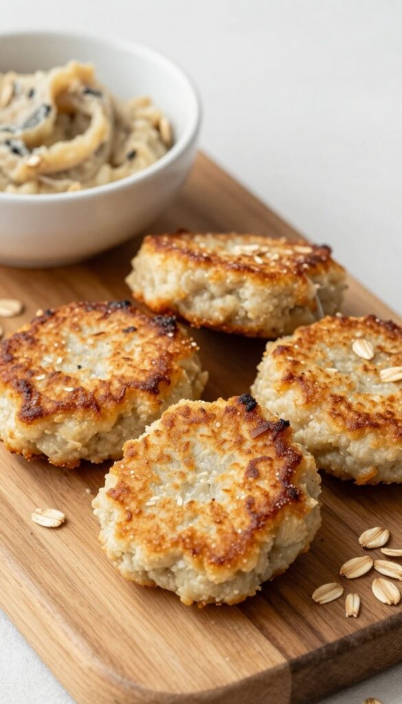 Small pan-fried sardine and oatmeal mini patties for dogs, arranged on a wooden board with oats and sardines.