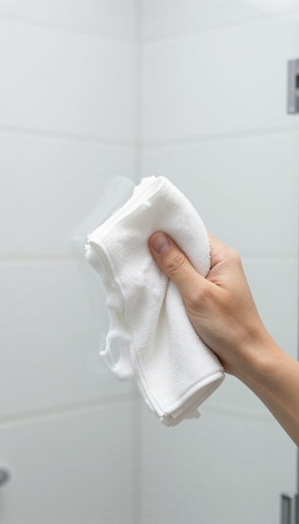 Cleaning glass shower door with shaving cream using a microfiber cloth, bright bathroom, streak-free shine