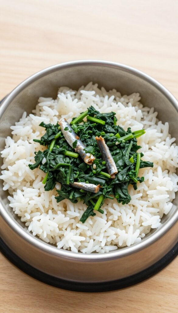 Dog bowl with leftover rice, sardines, and spinach mixture for a homemade dog meal topper