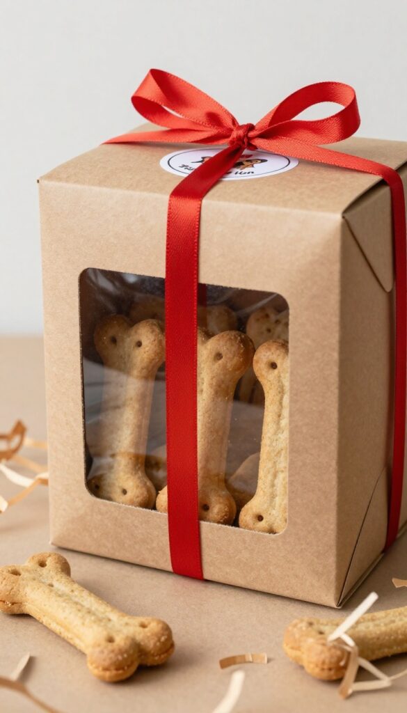 Kraft gable box with clear window showing dog biscuits inside, tied with ribbon
