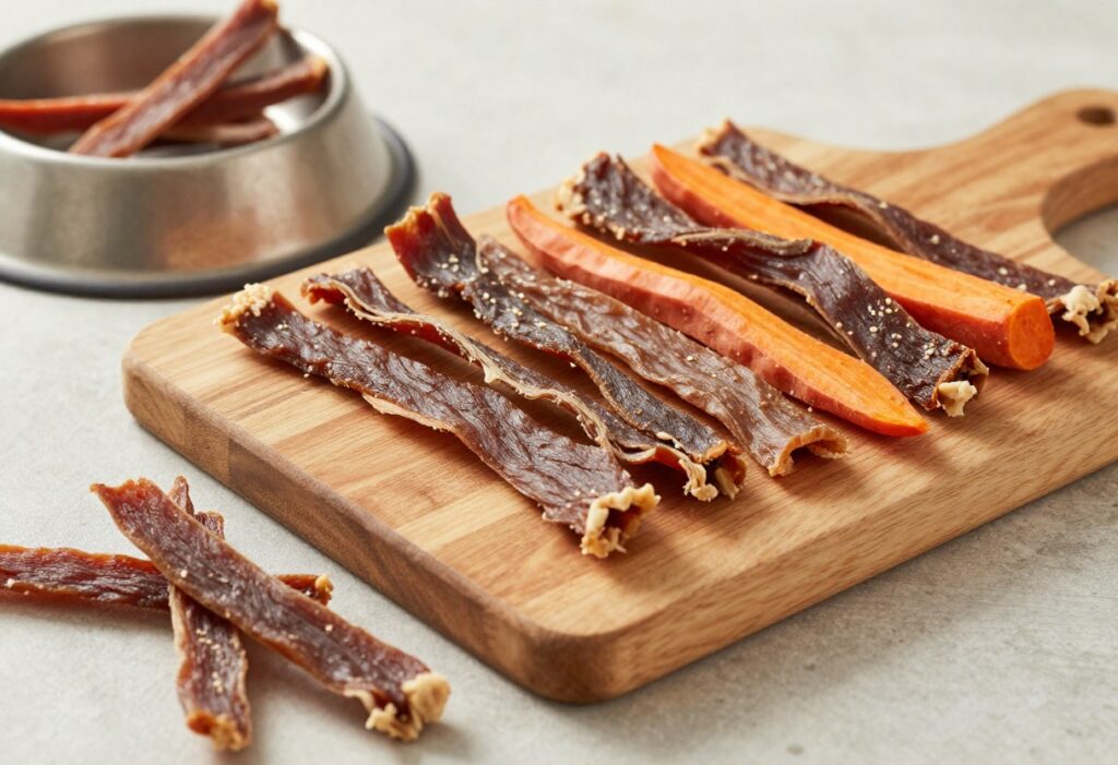 Homemade chicken dog jerky strips on a cutting board with a dog bowl in the background.