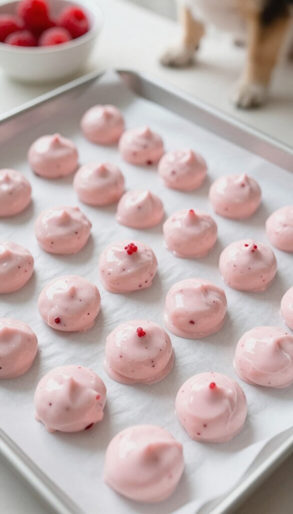 Frozen raspberry yogurt drops on a baking sheet, homemade dog treats