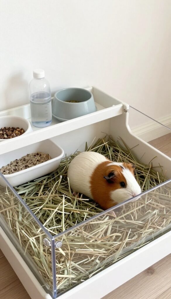 Guinea pig cage with a divider separating a messy hay area from a clean sleeping and playing area.