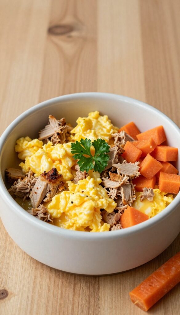 Scrambled eggs with ground turkey and carrots in a dog bowl, homemade dog meal